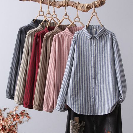 Women's Literary Casual Lapel Striped Double-Layer Cotton Gauze Long Sleeve Shirt