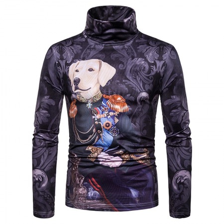 New Men's Plus Size 3D Duke Dog Pattern Printing High Neck Long Sleeve T-Shirt Bottoming Shirt