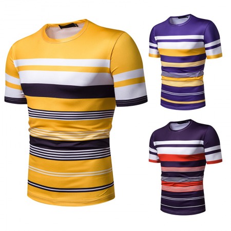 Men's Short-Sleeved T-Shirt Mens Contrast Striped Slim-Fit Casual T-Shirt