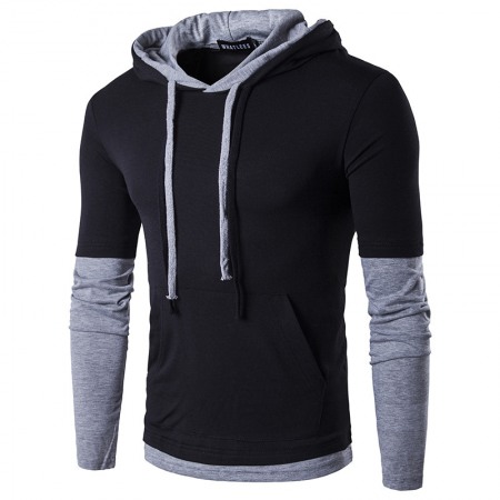 Men's Long-Sleeved Hooded Sleeves Color Matching Fashion Slim T-Shirt