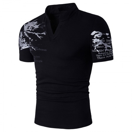 Men's Wind Printing Henry Stand-Up Collar Short-Sleeved Large Size T-Shirt